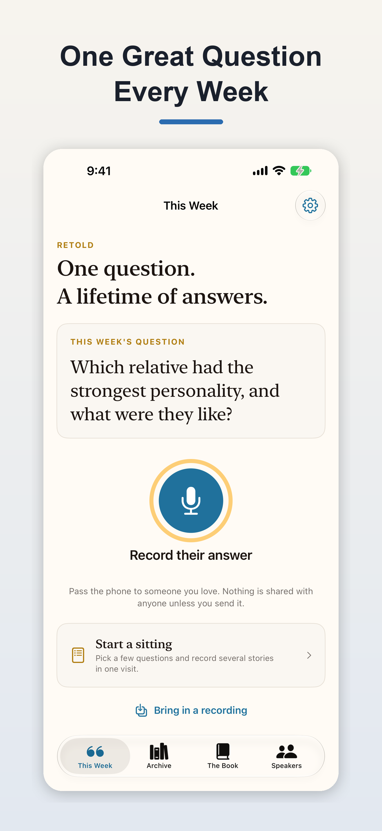 Retold This Week screen showing the weekly interview question and record button