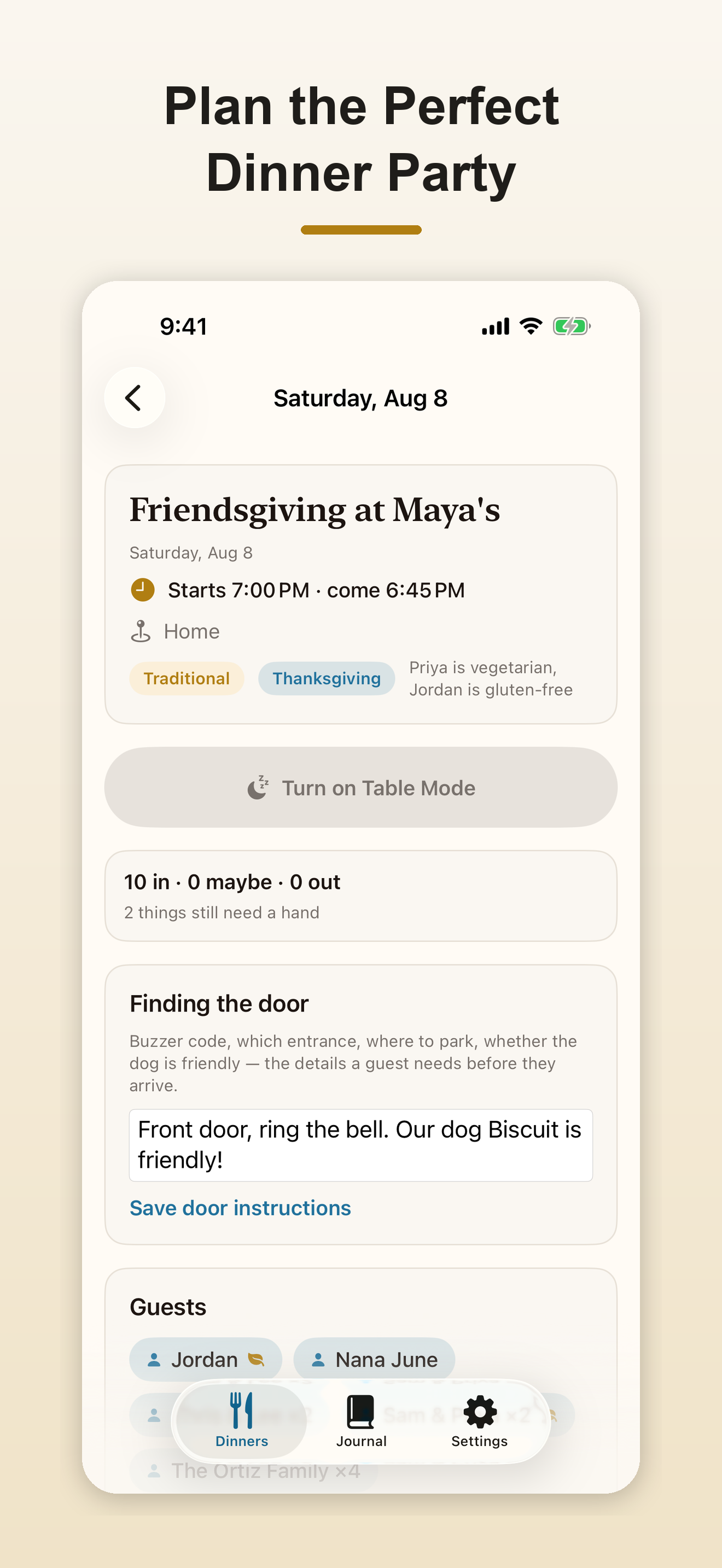 Tablescape dinner overview screen showing a Friendsgiving dinner with guests, timing, and dietary notes