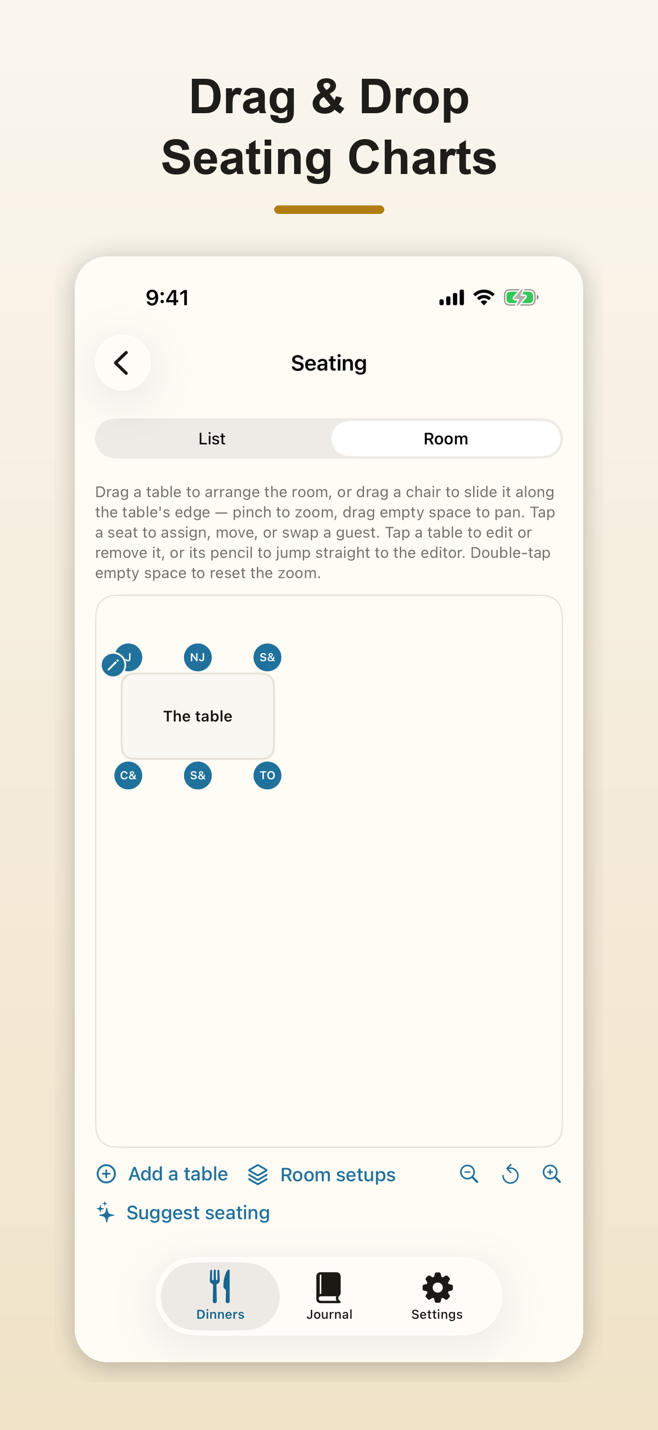 Drag and drop seating chart screen