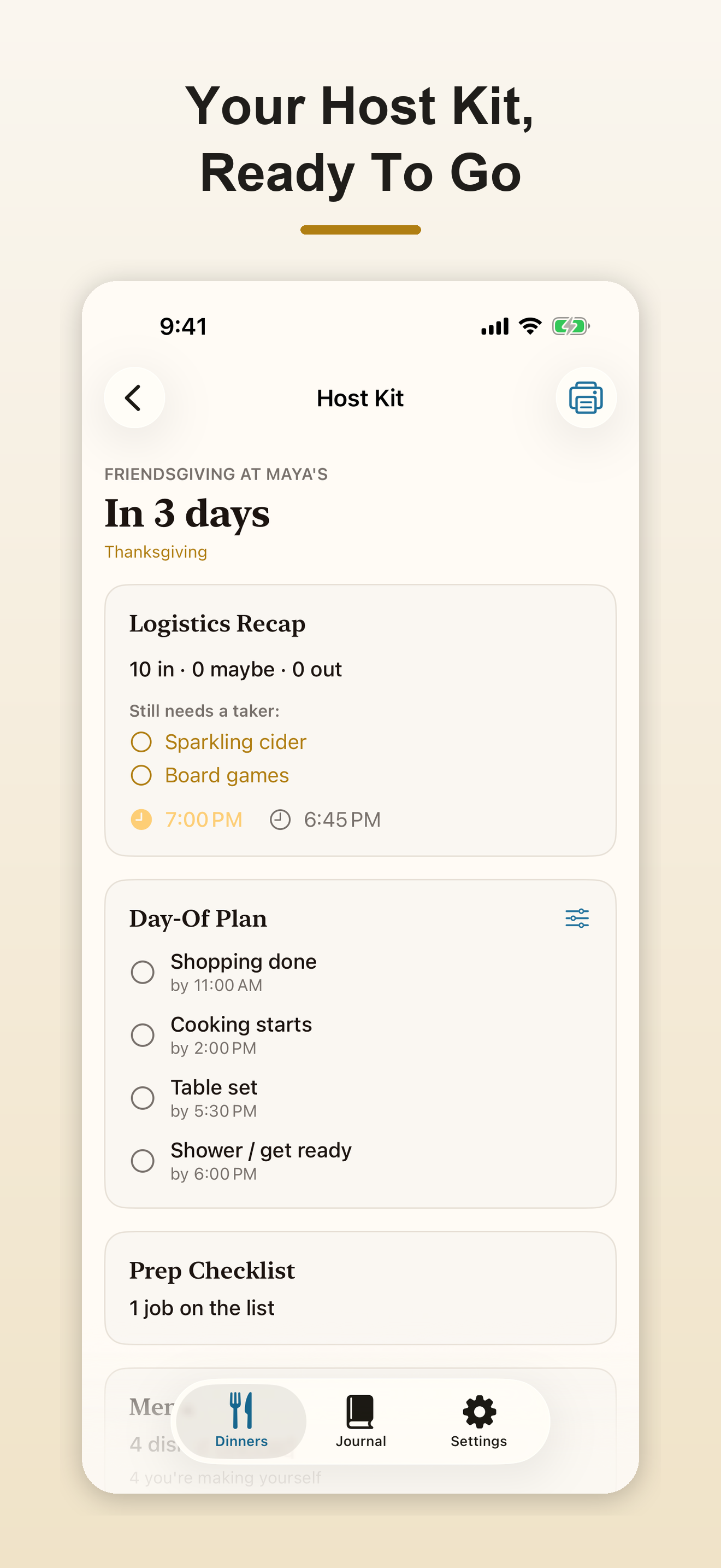 Host Kit screen with countdown and prep checklist